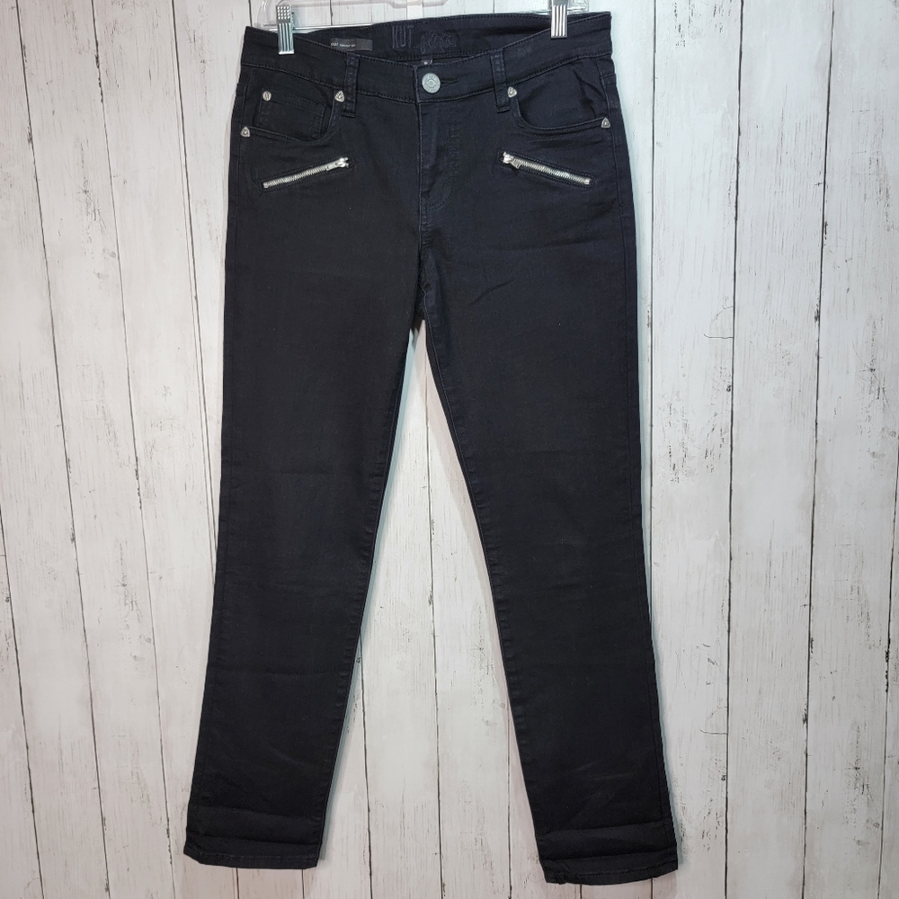 KUT from the Kloth SAGE Straight Leg Jeans Size 8 Black Stretch Zip Pocket Motto